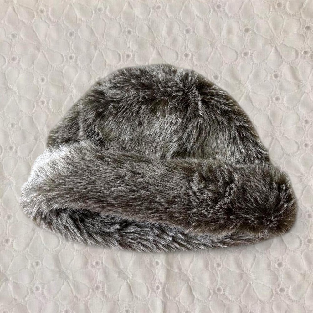 SJ Faux Fur Cloche Hat Grey Brown Winter Plush Beanie One Size
